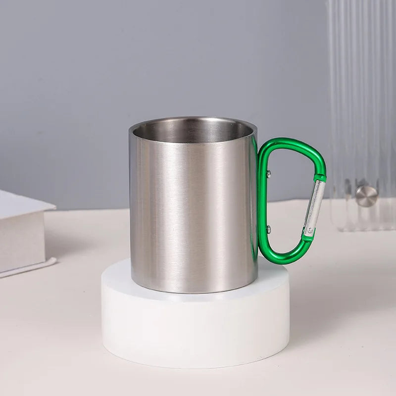 Hot 300ml Camping Travel 201 Stainless Steel Cup Carabiner Hook Handle Picnic Water Mug Outdoor Travel Hike Cup Portable Mug Peaceful Pleasures Health and Wellness green 300ml