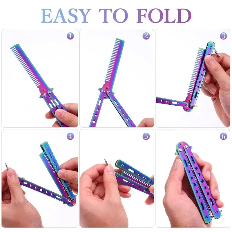 Foldable Comb Stainless Steel Practice Training Butterfly Knife Comb Beard Moustache Brushe Salon Hairdressing Styling Tool Peaceful Pleasures Health and Wellness
