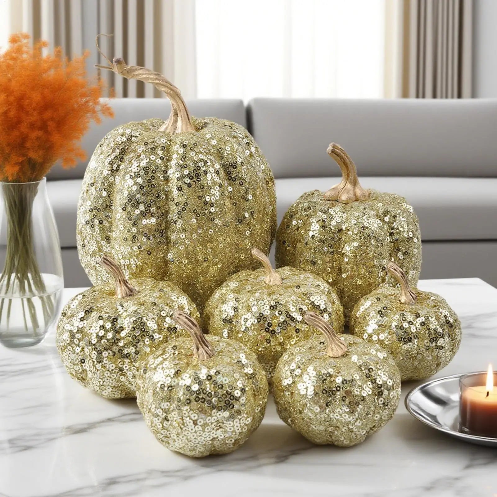 Fake Pumpkins Fall Halloween Decorations Festive 7 Pieces Ornament Glitter Statue for Party Table Shelf Holiday Hallway Bedroom Peaceful Pleasures Health and Wellness