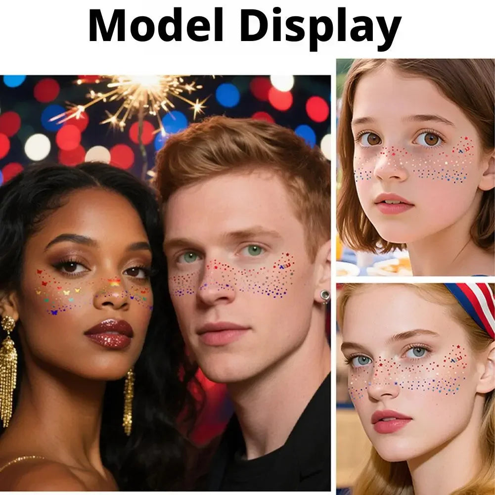 Fourth of July Face Tattoos, 2Pcs Glitter Freckles Face Tattoos Makeup for Independence Day Patriotic Party Supplies Fake Tattoo Peaceful Pleasures Health and Wellness