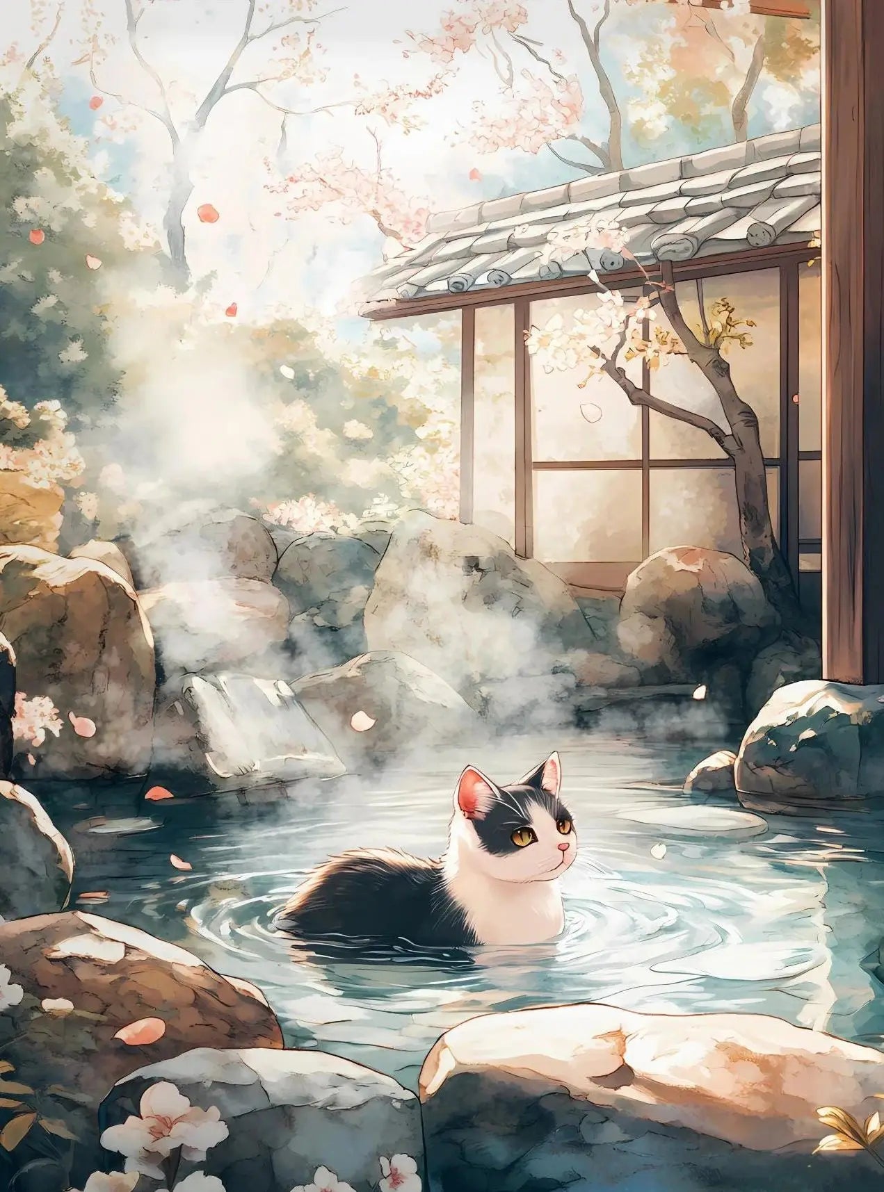 Japanese Cherry Blossom Cat Hot Spring Canvas Wall Art Print Canvas Wall Art Print Peaceful Pleasures Health and Wellness 22 50x70cm Unframed