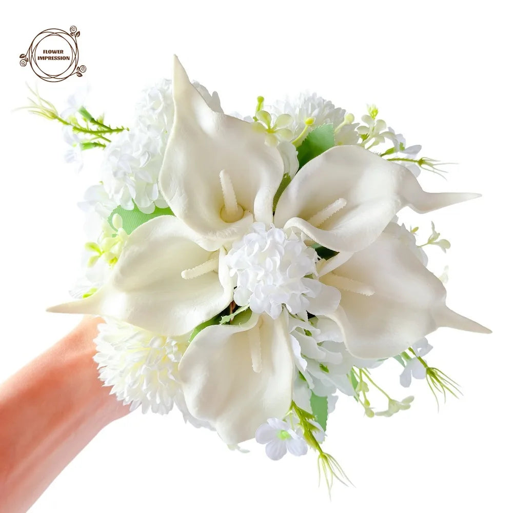 White Calla Lily Hydrangea Bridal Bouquet | Lace Ribbon