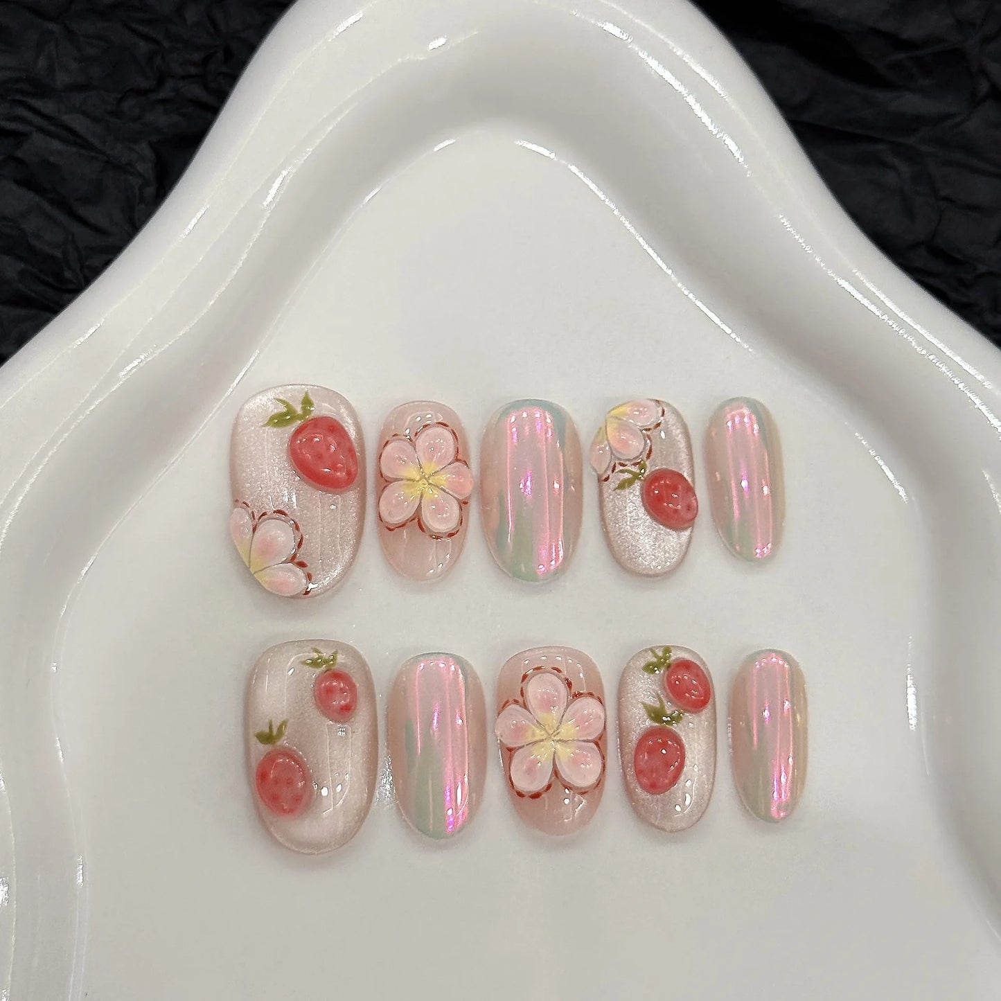 Handmade Press-On Nails 3D Strawberry Flower Aurora | 10 Pcs Press-On Nail Tips Peaceful Pleasures Health and Wellness XS