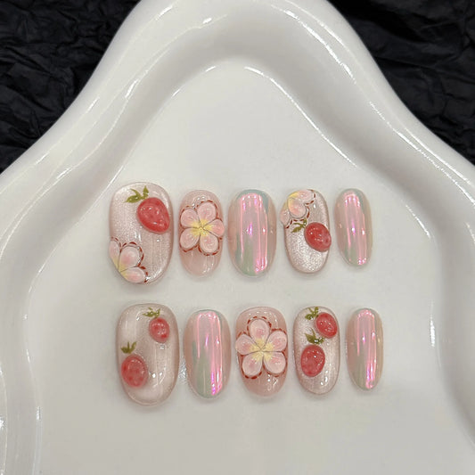 Handmade Press-On Nails 3D Strawberry Flower Aurora | 10 Pcs Press-On Nail Tips Peaceful Pleasures Health and Wellness XS
