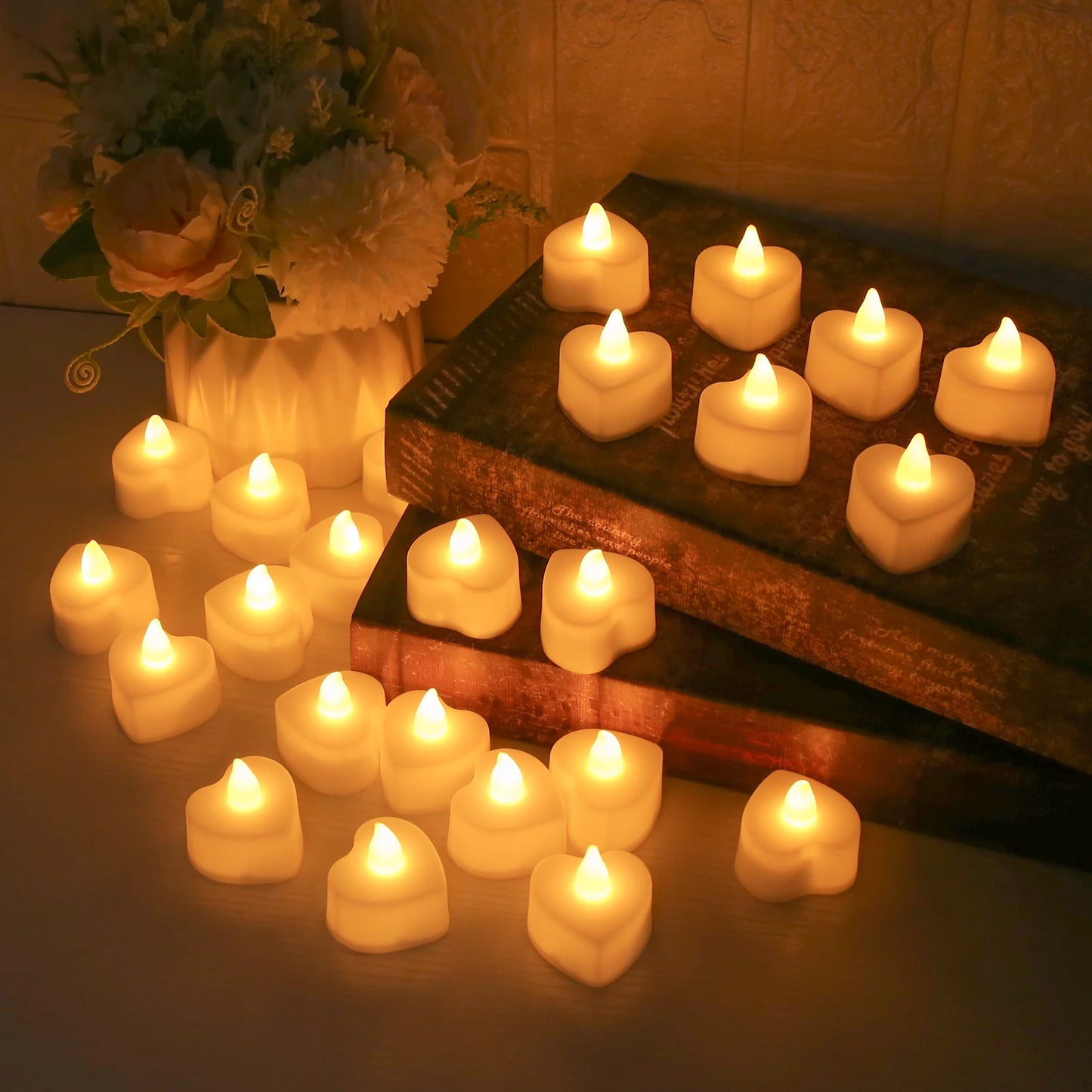 6-48Pc LED Flameless Candles Battery Operated Creative Wishing Tealight Warm White Fake Electric Candle For Halloween Christmas Peaceful Pleasures Health and Wellness 24PC Heart shape