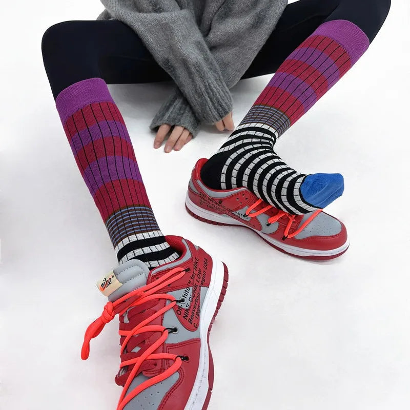 Women's Fashion Gradient Color Striped Retro Cotton Socks High Tube Soft and Comfortable Sports Women's Casual Socks Peaceful Pleasures Health and Wellness PURPLE EU36-39