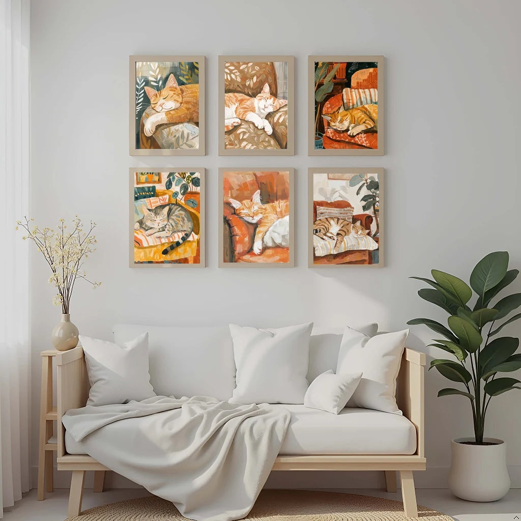 Nordic Wall Art Cute Cat Sleeping Gouache Vintage Canvas Painting Nordic Style Poster Prints Bedroom Living Room Wall Decor Peaceful Pleasures Health and Wellness