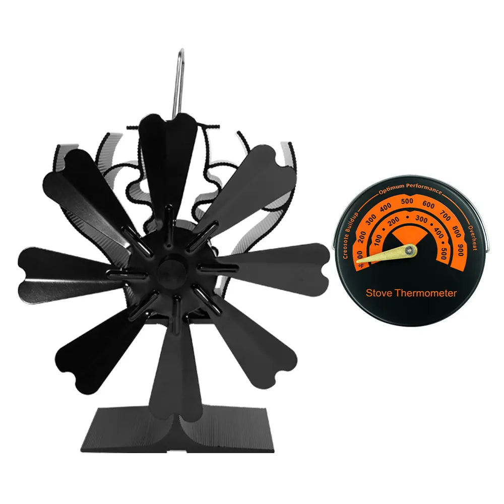 6-Blade Heat Powered Stove Fan for Wood Log Burner Fireplace Quiet Environmental Fan Heater Tool Efficient Heat Distribution Peaceful Pleasures Health and Wellness With Thermometer B