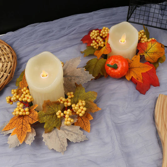 Thanksgiving Candle Ring – Maple Leaves & Pumpkin Fall Wreath Candle Ring Wreath Oasis Select