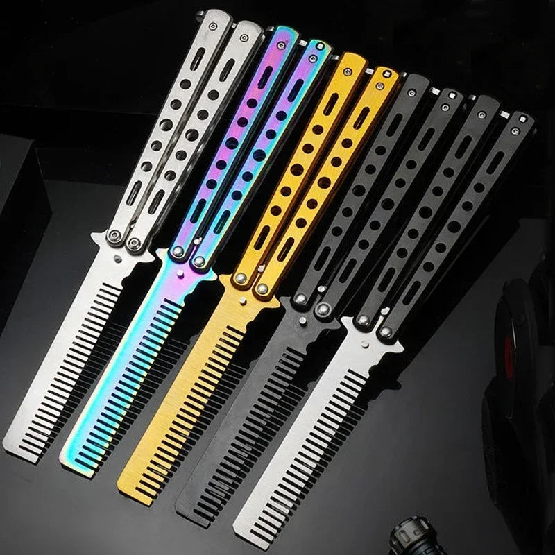 Foldable Comb Stainless Steel Practice Training Butterfly Knife Comb Beard Moustache Brushe Salon Hairdressing Styling Tool Peaceful Pleasures Health and Wellness