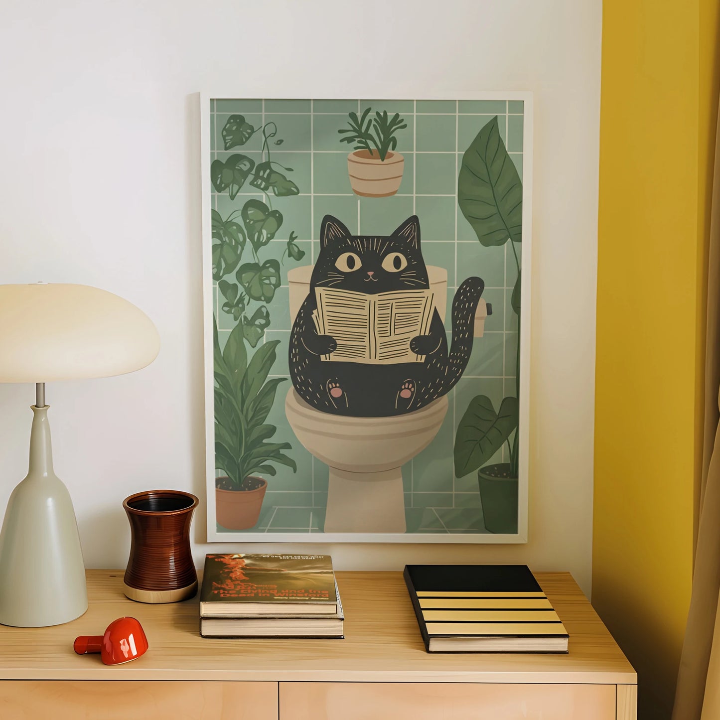 A Funny Bathroom Cat Mural, Paired With Plants And Flowers, Is Perfect For Decorating The Walls Of Living Rooms And Bedrooms Peaceful Pleasures Health and Wellness
