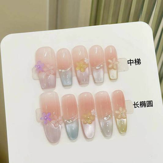 Handmade Flower Press On Nails – Cat Eye Crystal False Nails Press On Nails Peaceful Pleasures Health and Wellness