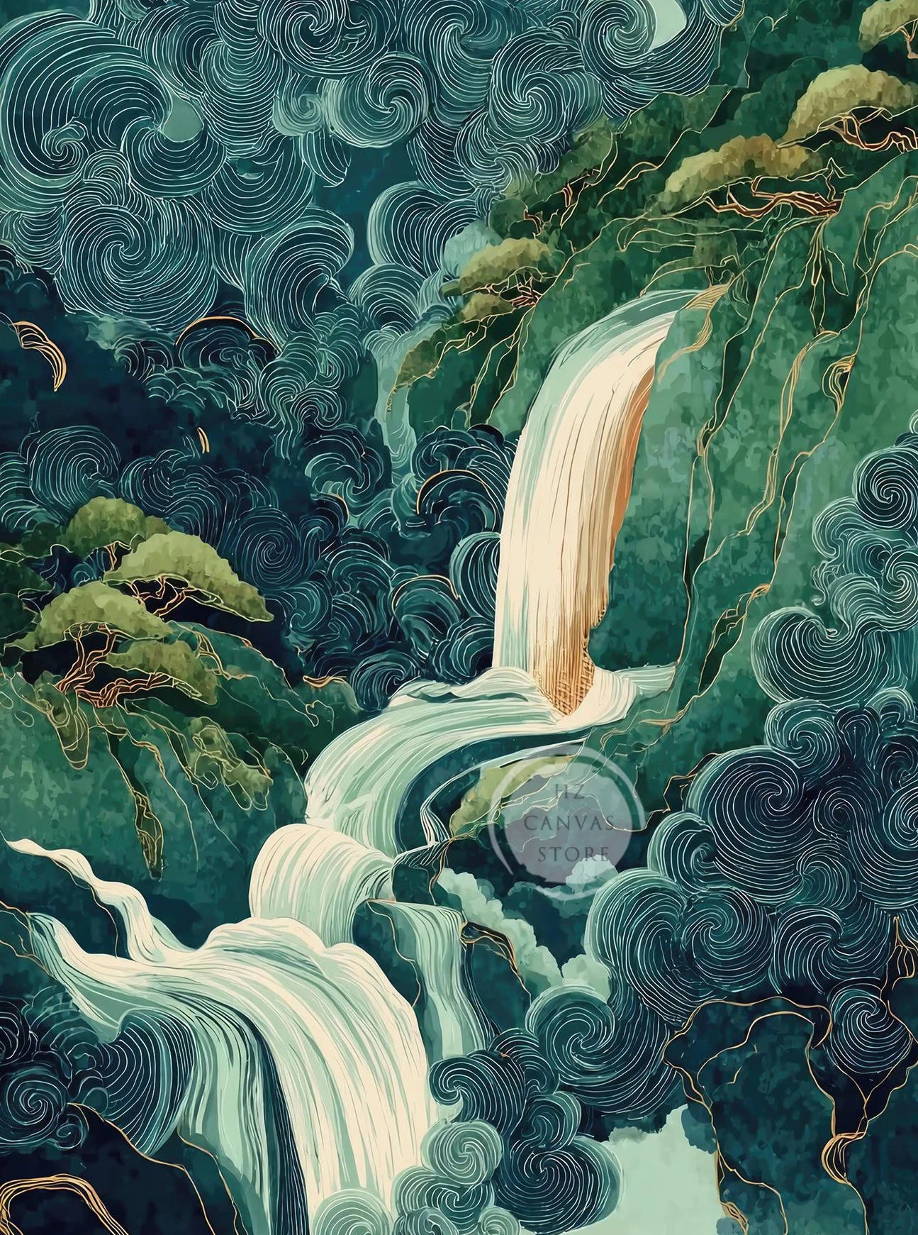 Hokusai Waterfall Oil Painting Print Japanese Ukiyo-e Blue Green Wall Art Modern Canvas Poster Living Room Bedroom Home Decor Peaceful Pleasures Health and Wellness gh3-1 50x70cm