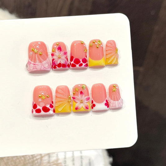 10pcs Handmade Duckbill Press on Nails French Artificial Nails With 3D Flowers Decor Elegant Fake Nails Detachable False Nails Peaceful Pleasures Health and Wellness L