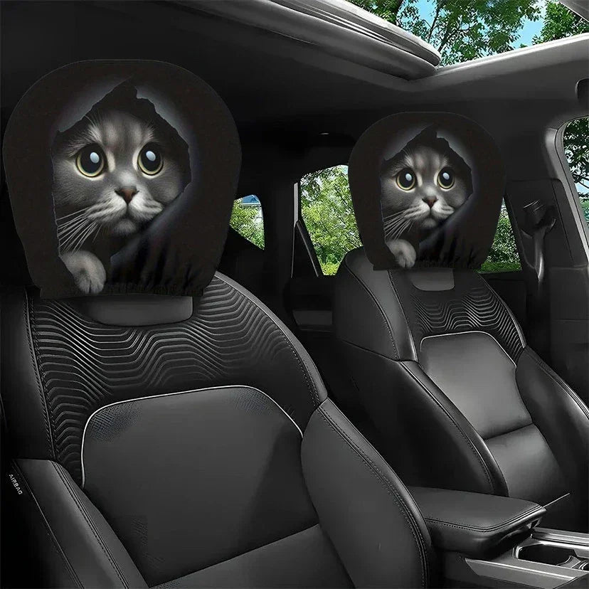 2 pieces of realistic car headrest covers with cute cats showing their faces, washable and stretchable, car interior decoration Peaceful Pleasures Health and Wellness