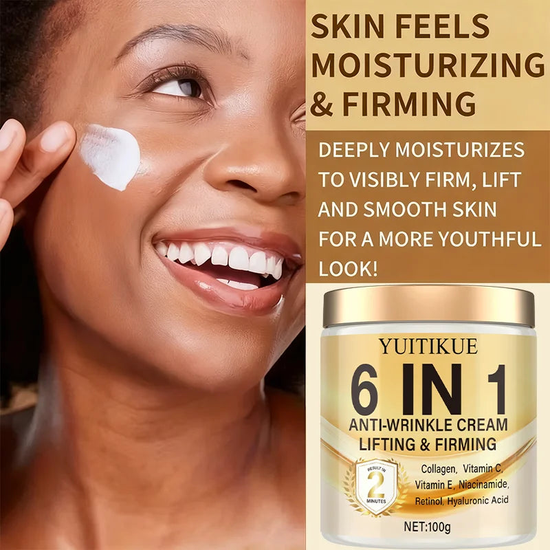 6-in-1 Anti-Wrinkle Cream: Deeply moisturizes, firms the skin, contains Vitamins C and E, retinol, and hyaluronic acid. Peaceful Pleasures Health and Wellness