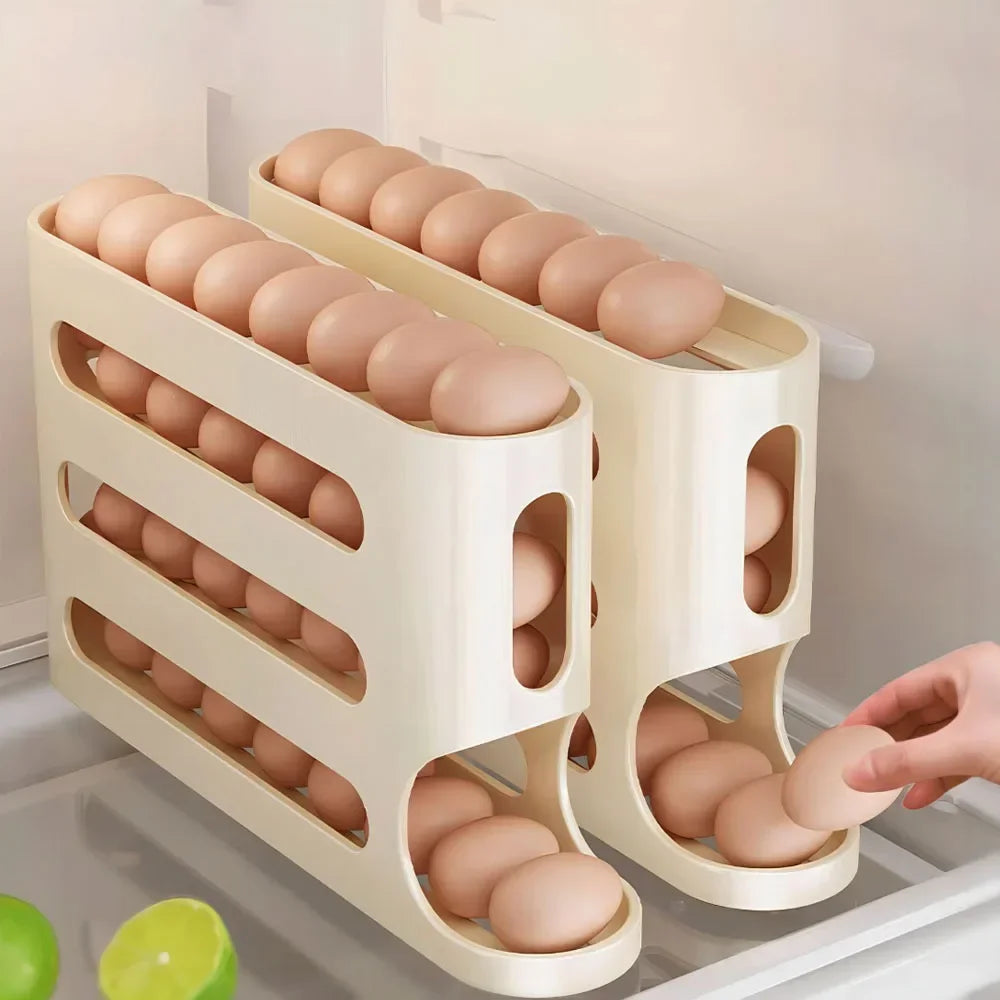 4-Layer Automatic Rolling Egg Holder Rack | Fridge Egg Dispenser & Refrigerator Organizer