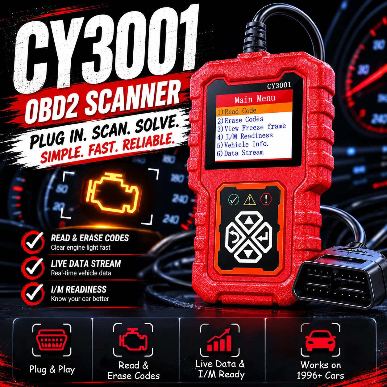 Cy3001 Universal Obd Ii Scanner Automotive Engine Fault Code Reader Read & Erase Error Codes Compatible Post-1996 Vehicles（Red） Peaceful Pleasures Health and Wellness Default Title
