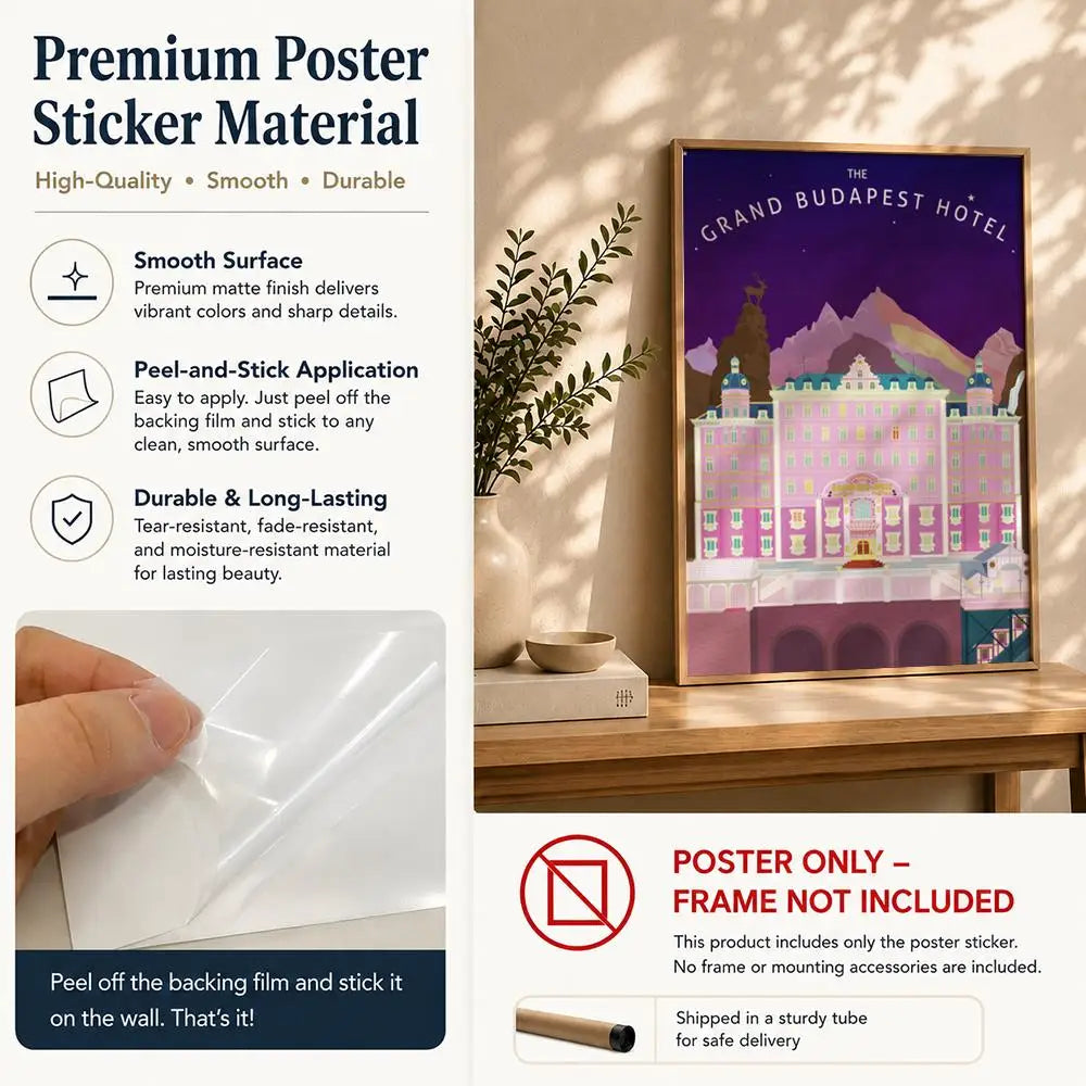 Movie T-The Grand Budapest HotelS Poster HD Self Adhesive Waterproof Wall Art Ideal for Home Office Dorm Bedroom Great Gift Peaceful Pleasures Health and Wellness