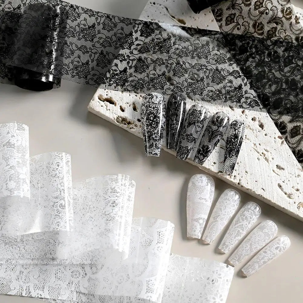 10 Rolls Lace Nail Art Foils | Black & White Self-Adhesive Stickers