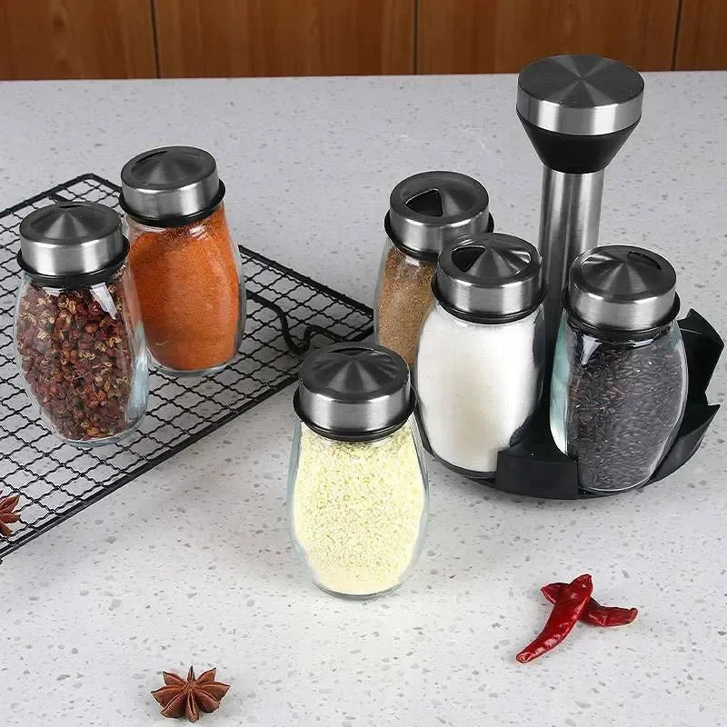 Kitchen Rotating Spice Bottle Set Glass Material Seasoning Salt Sugar Pepper Seasoning Storage Bottle Kitchen Spice Rack Peaceful Pleasures Health and Wellness