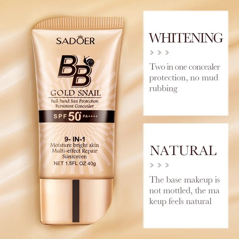SADOER Gold Snail Sunscreen BB Cream Foundation Concealer Moisturizing Isolation Cream SPF50+PA+++ 40g Peaceful Pleasures Health and Wellness