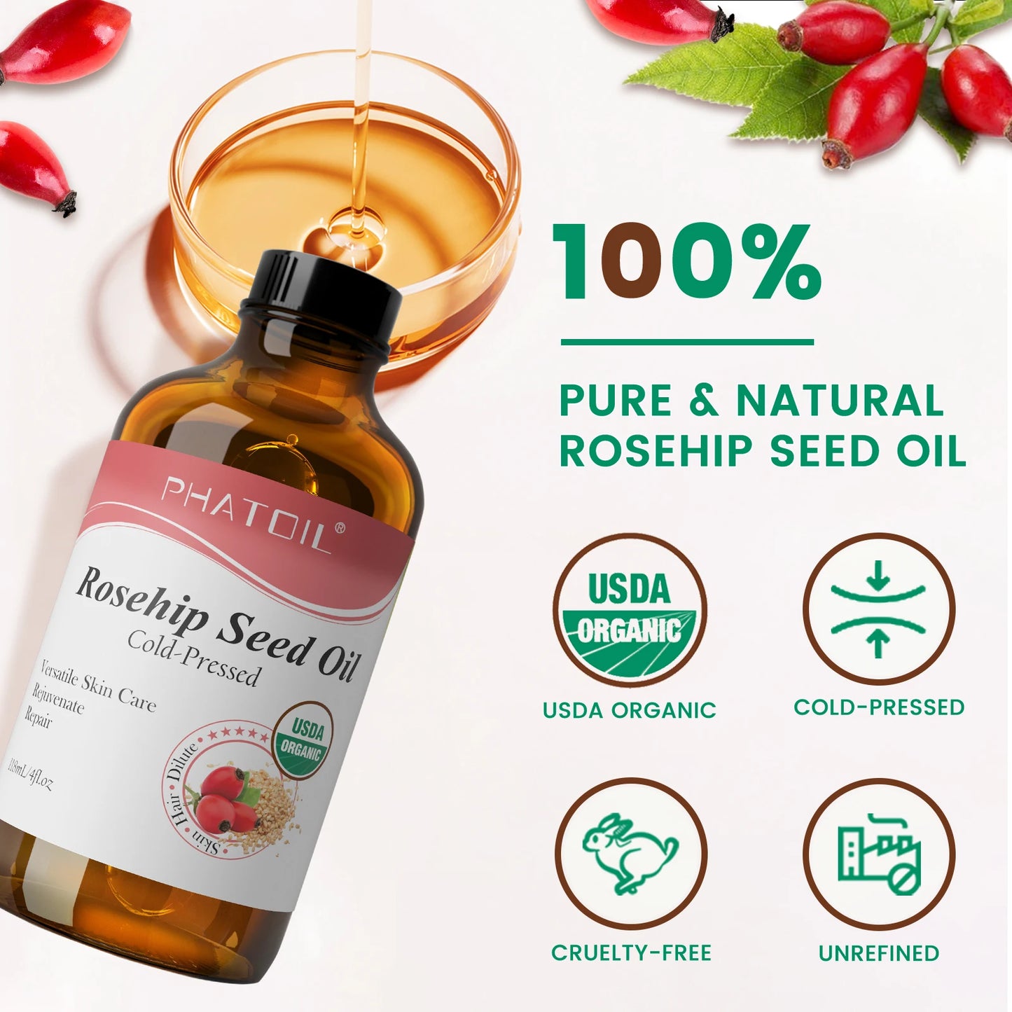 PHATOIL 118ml Organic Face Oil Natural Cold Pressed USDA Carrier Oils- Castor Oil,Jojoba,Moroccan Argan Oil,Rosehip Seed Oil Peaceful Pleasures Health and Wellness