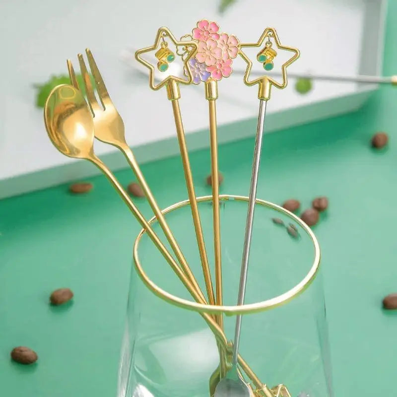 Cherry Blossom Spoon Fork Stainless Steel Coffee Kitchen Star Long
