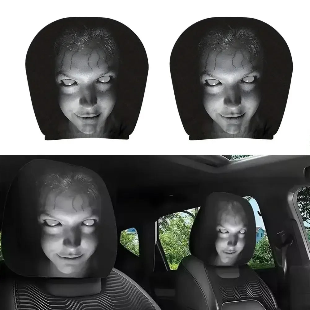2Pcs Halloween Horror Face Printed Car Headrest Covers Soft Polyester Washable Universal Elastic Dustproof Protective Cushion Peaceful Pleasures Health and Wellness