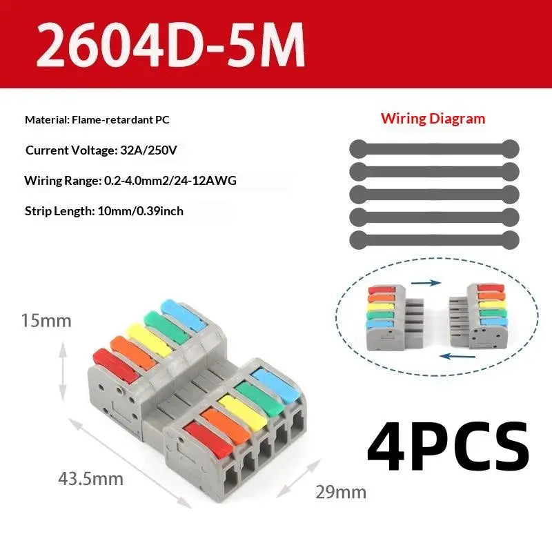 2/4Pcs Universal Compact Electrical Wiring Connectors Push-in Butt Conductor Terminal Block Docking Mini Quick Wire Connector Peaceful Pleasures Health and Wellness 2604D 4M 4pcs