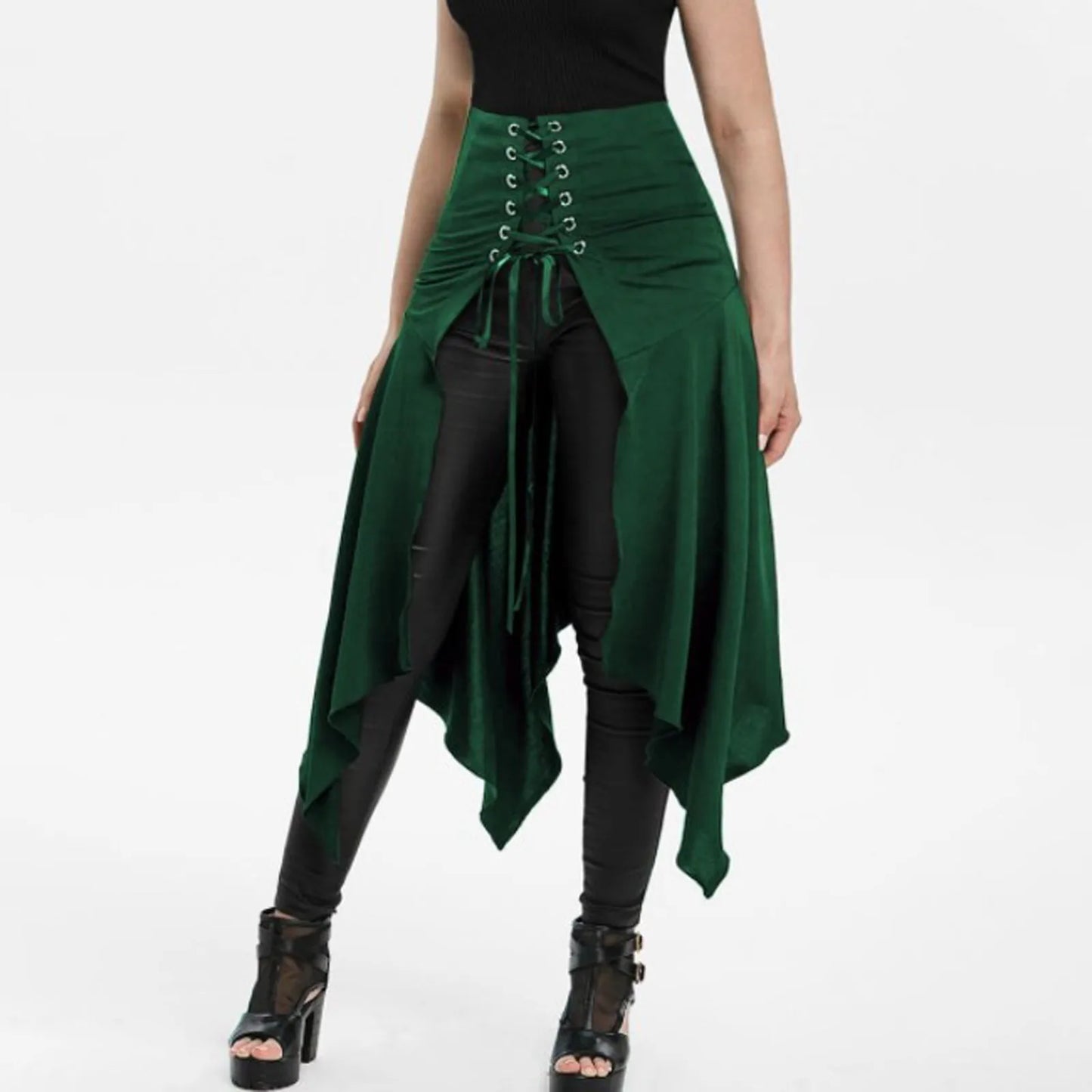 Gothic Skirt Black Medieval Vintage High Waist Skirt Lacing Irregular Umbrella Skirt Festival Steampunk Long Skirts For Women Peaceful Pleasures Health and Wellness Green S