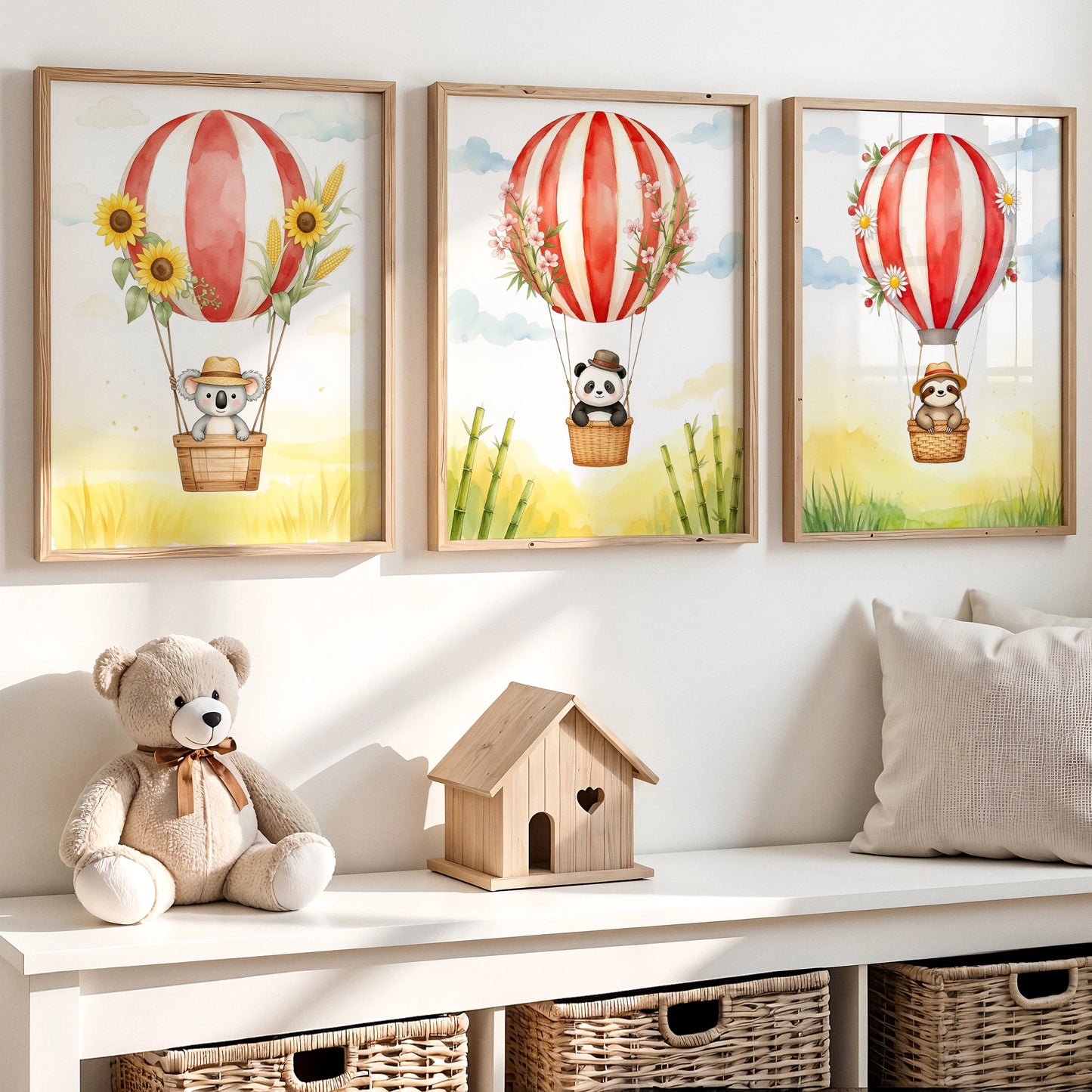 Cartoon Hot Air Balloon Animals Canvas Wall Art | Kids Room