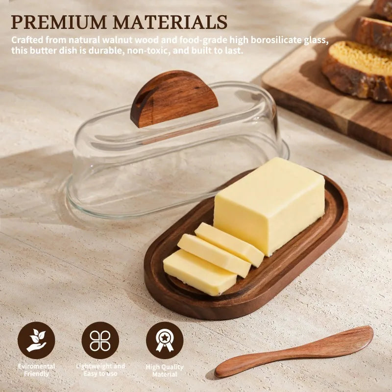 Solid Wood Butter Dish with Glass Lid & Butter Knife Set Butter Dish Set Peaceful Pleasures Health and Wellness