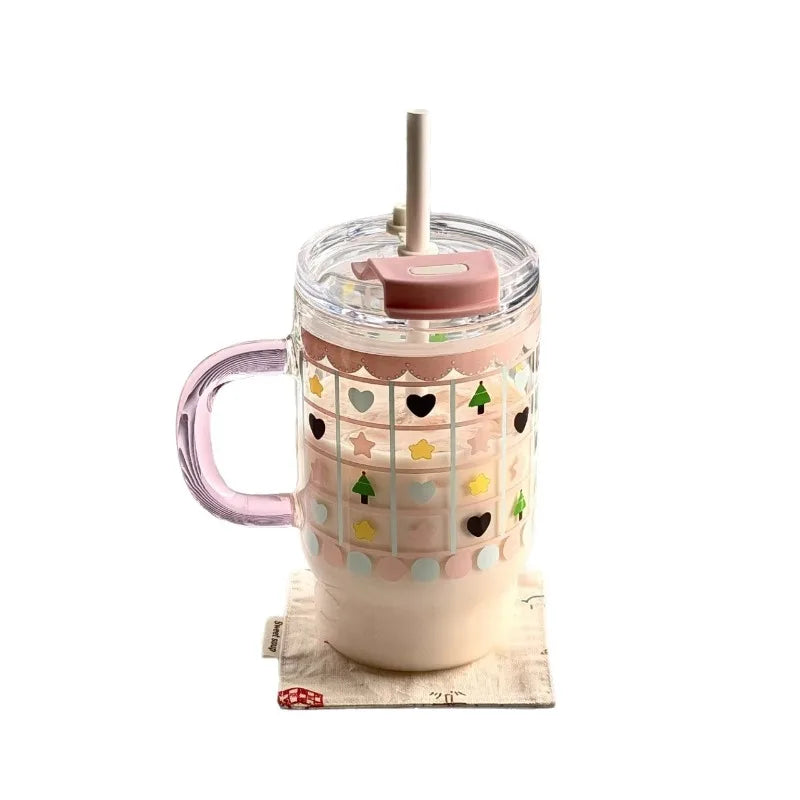 New 760ml Cartoon Printed Car Cup, High Borosilicate Glass Straw Cup with Handle, Double Drinking Car Office Casual Cup Peaceful Pleasures Health and Wellness