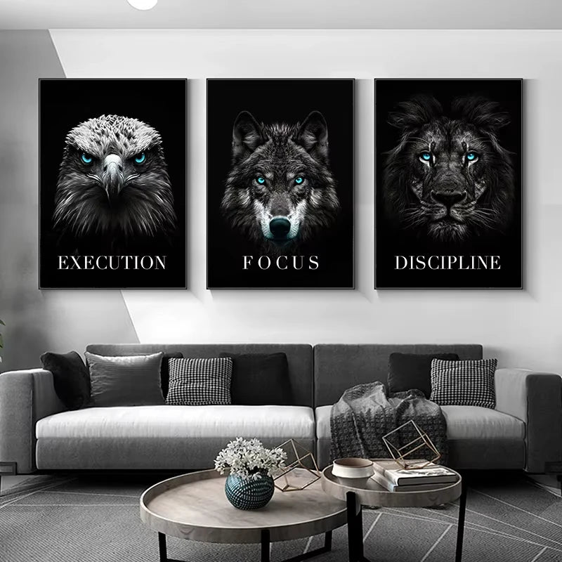 Black Eagle Lion Wolf Canvas Wall Art | Animal Poster Print