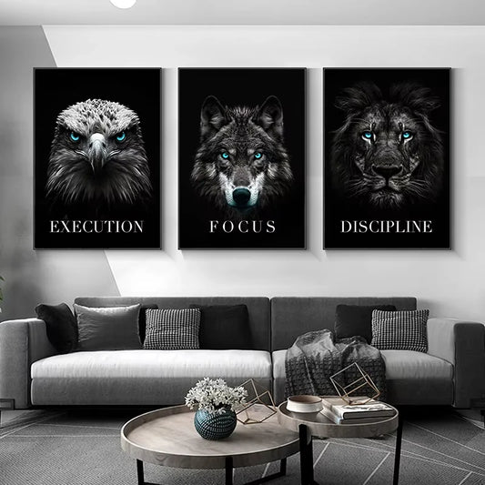 Black Eagle Lion Wolf Canvas Wall Art | Animal Poster Print Canvas Wall Art Peaceful Pleasures Health and Wellness