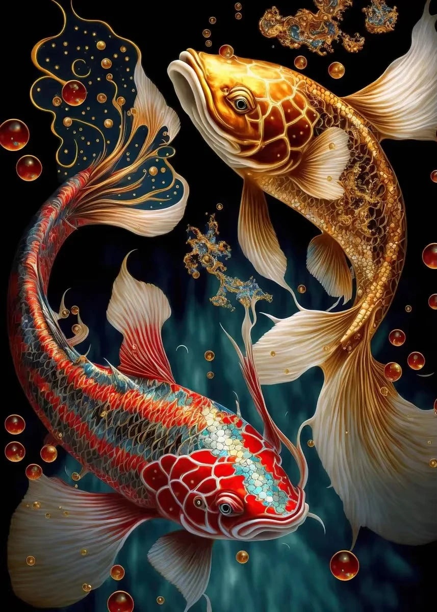 Red Koi Fish Lotus Canvas Wall Art | Good Luck Home Decor