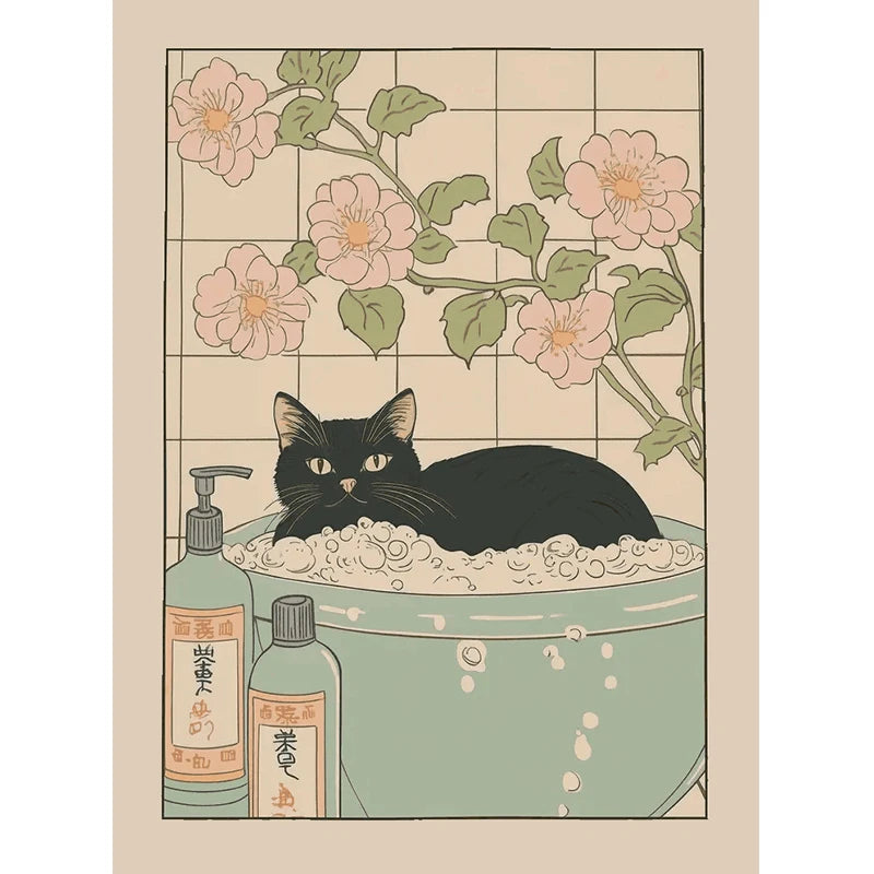 Japanese Cute Animals Bathtub Canvas Wall Art | Bathroom Decor