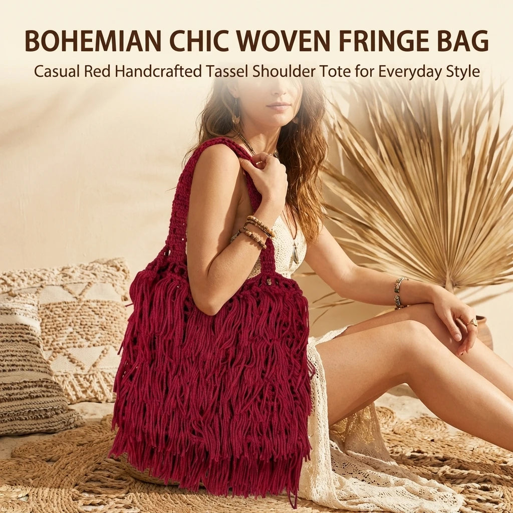 Women's Ethnic Style Woven Shoulder Bag Solid Color Fringe Design Casual Handbag with Adjustable Strap for Daily Use Peaceful Pleasures Health and Wellness