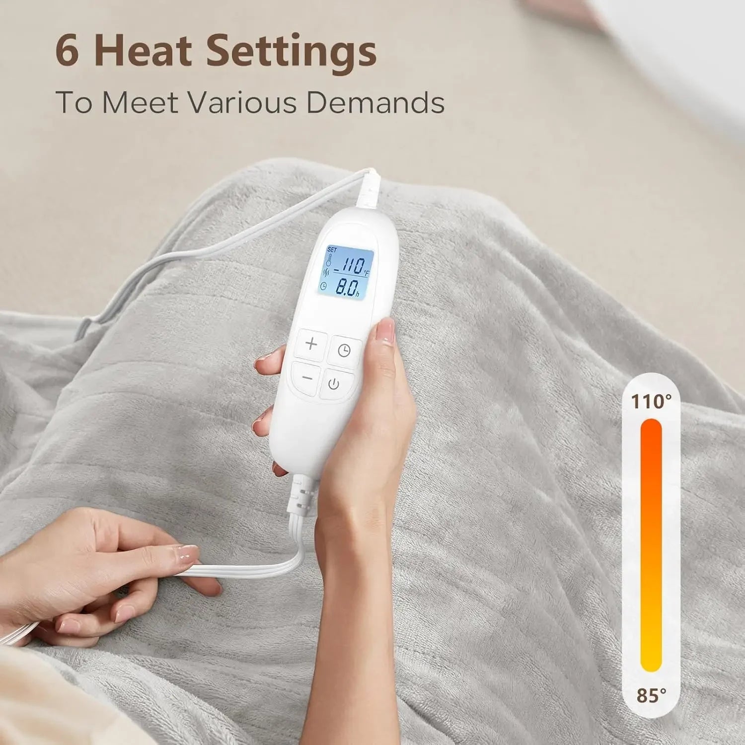 Queen Size Electric Heated Blanket with 6 Heat Levels, Auto Shut-Off, Ultra Soft Flannel, Machine Washable in Warm Gray Peaceful Pleasures Health and Wellness