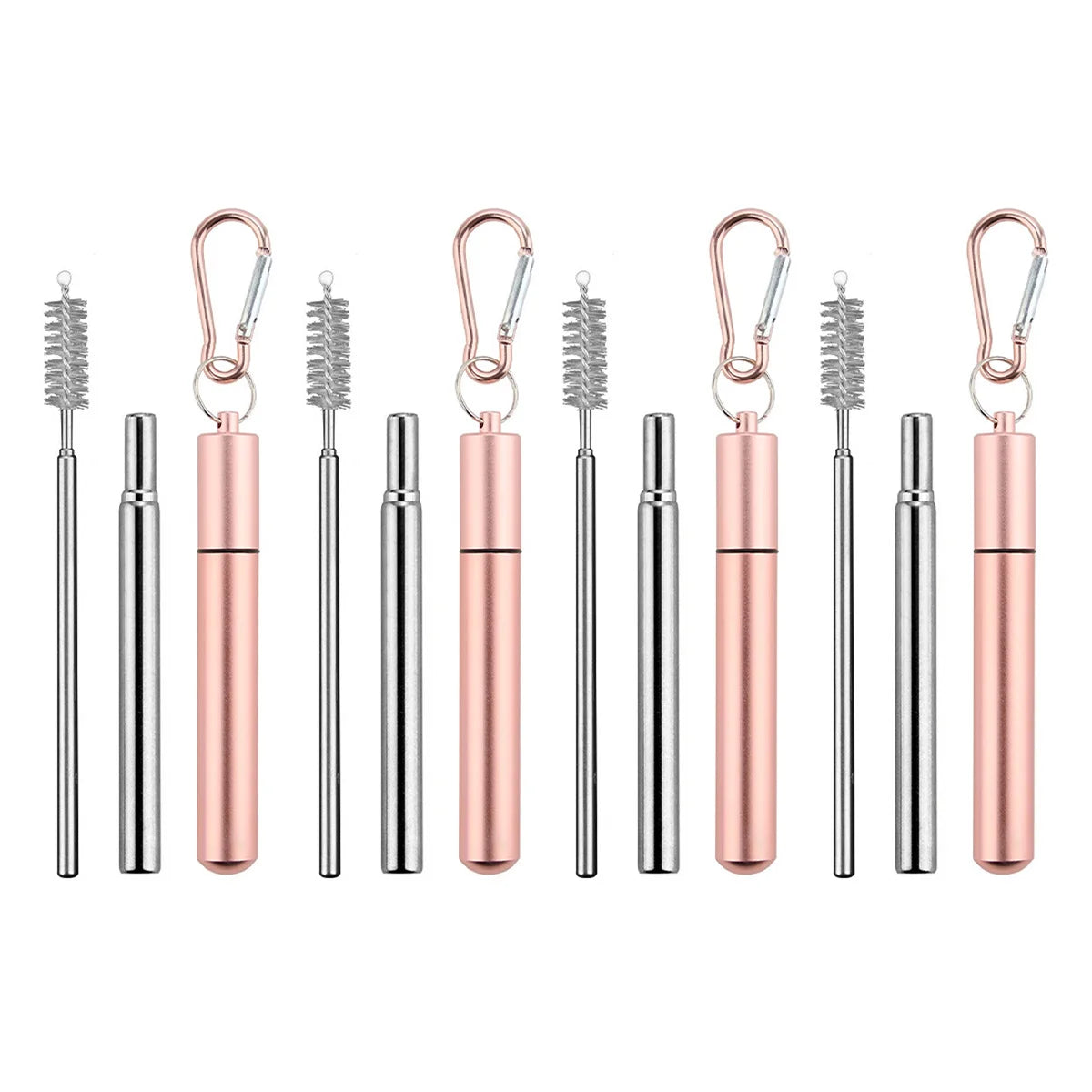 4Pack Collapsible Stainless Steel Drinking Straws with Aluminum Case, Cleaning Brush, and Keychains for Drinking Coffee Milk Tea Peaceful Pleasures Health and Wellness Rose gold casing