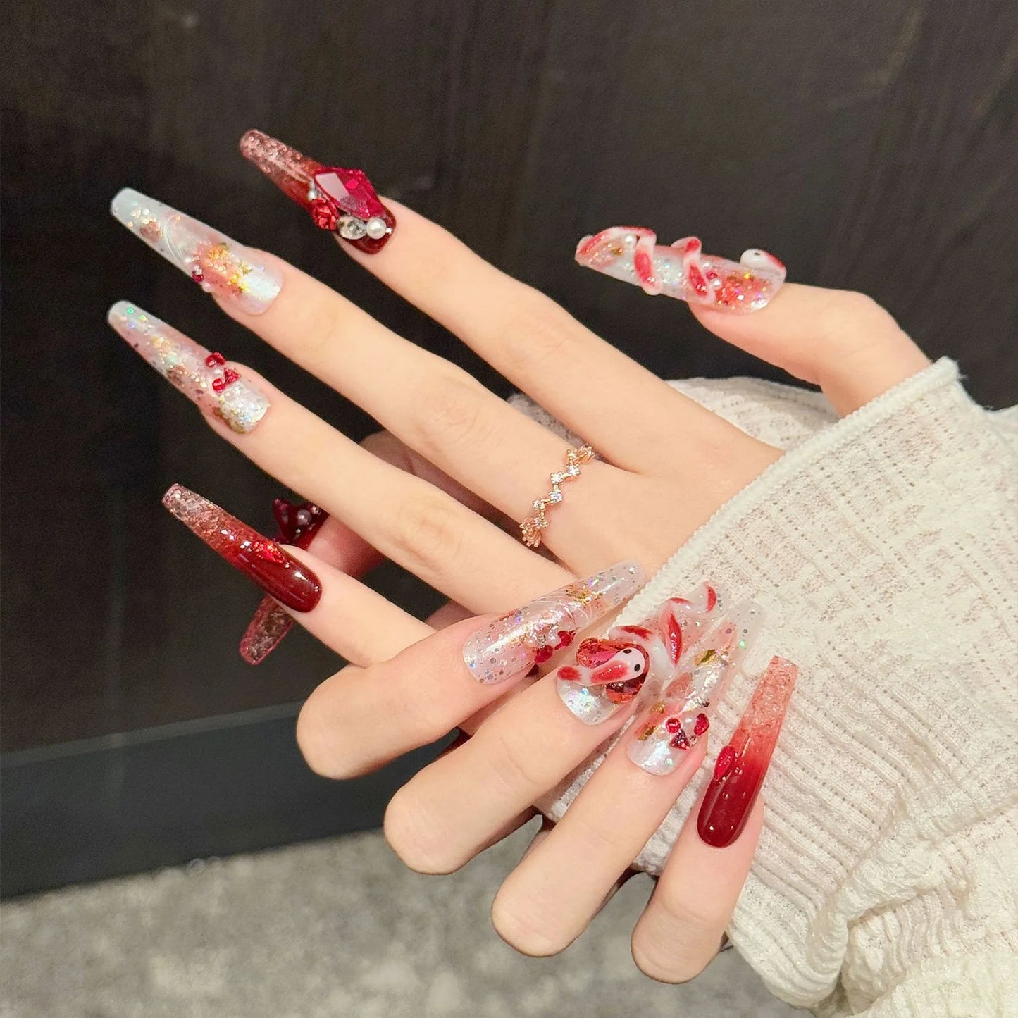 3D Snake Rose Press On Nails – Long Coffin Red Pink Gradient