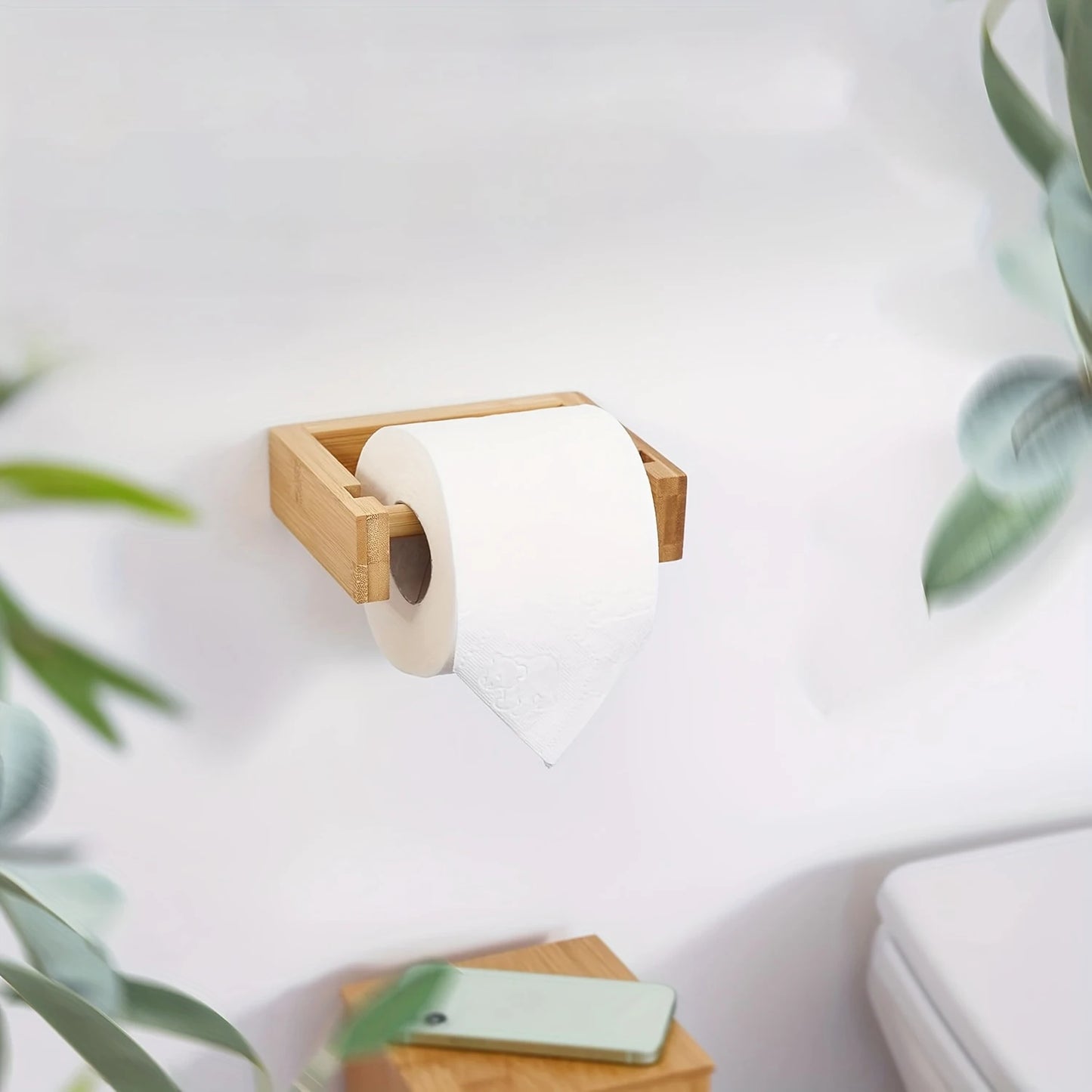 Bamboo Wall Mounted Toilet Paper Holder – Adhesive Wooden Tissue Roll Holder, Japanese Style