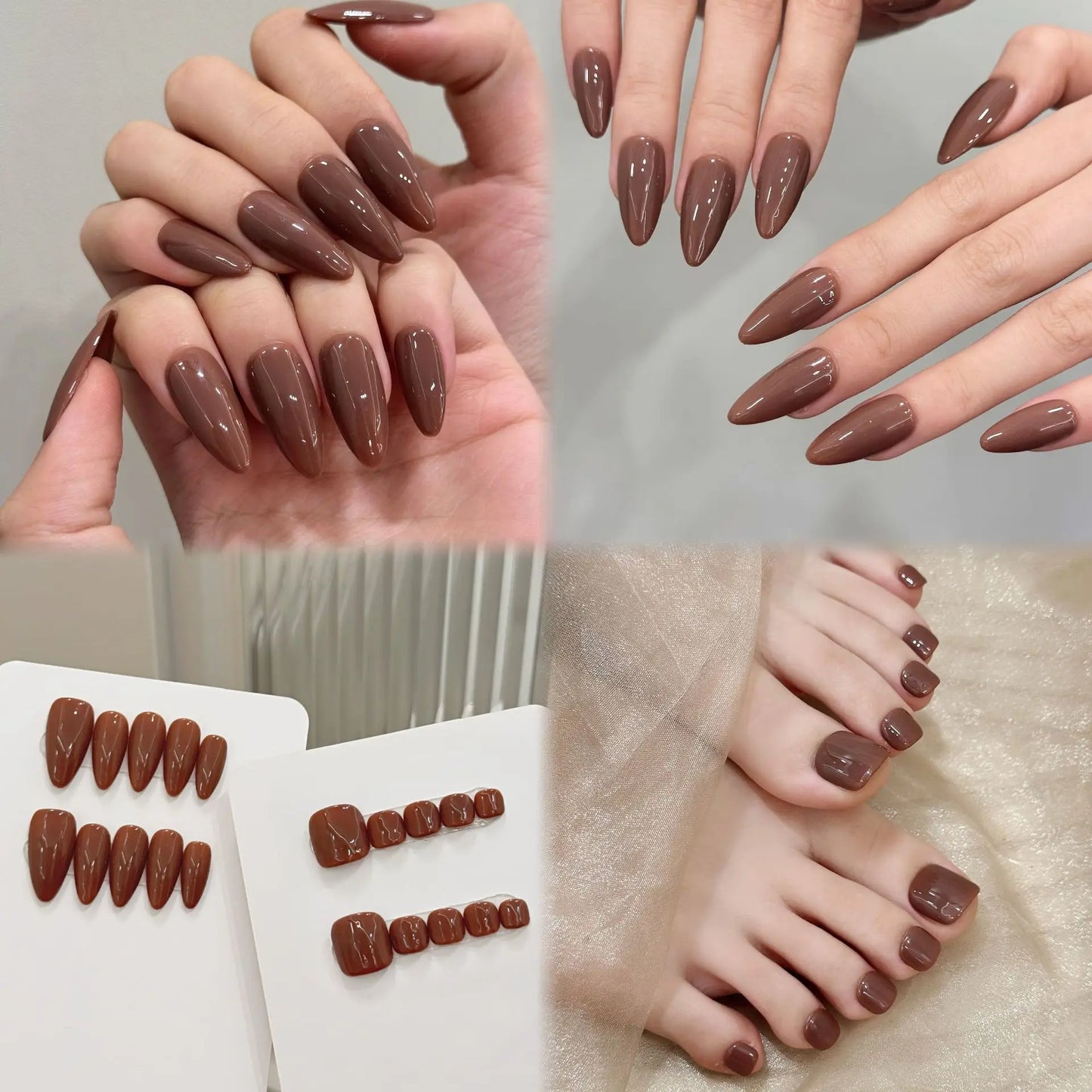 10pcs Handmade Press on Nails Simple Solid Color Almond Fake Nails Full Cover Wearable Lady Summer Brown False Toenails Set Peaceful Pleasures Health and Wellness