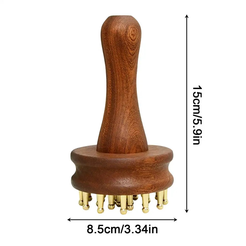 Brass Teeth Gua Sha Scalp & Body Massage Brush – Wood Handle