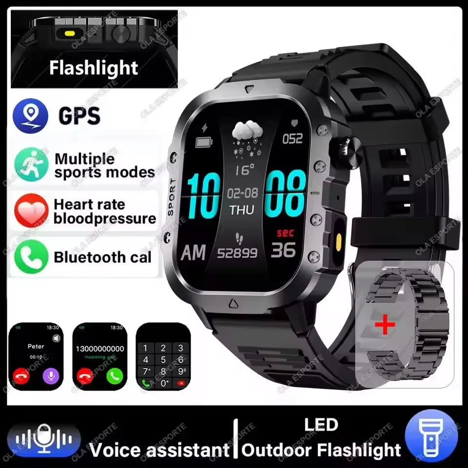 2026 New Military Smart Watch Men IP67 3ATM Outdoor Sports Fitness Tracker Blood Pressure Health Monitor BT Calls GPS Smartwatch Peaceful Pleasures Health and Wellness 2.01 Bk22Szstrap