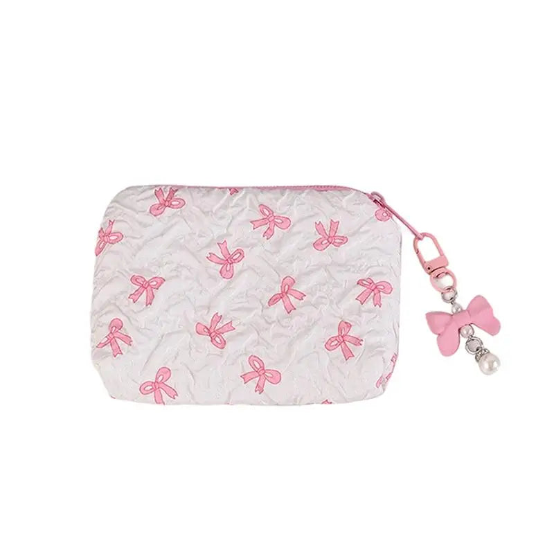 Cute Bow Fabric Makeup Bag, For Women Cosmetic Pouch, Portable Lipstick Earphone Travel Organizer Small Clutch Purse Peaceful Pleasures Health and Wellness Pink