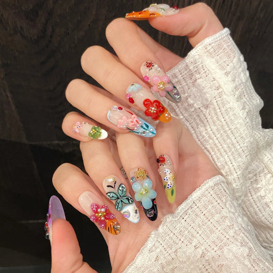 3D Floral Butterfly Press On Nails – Handmade Set of 10 Press On Nails Peaceful Pleasures Health and Wellness