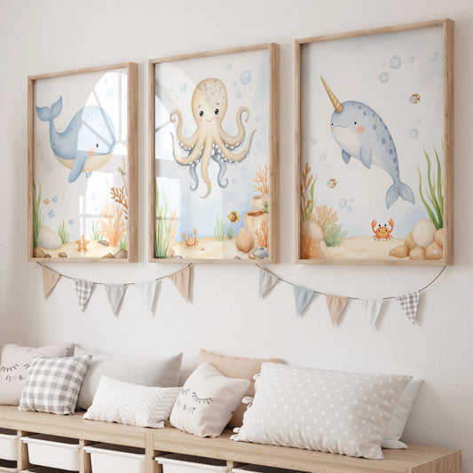 3-Piece Cartoon Octopus Whale Canvas Wall Art | Kids Room Decor Canvas Wall Art Set Peaceful Pleasures Health and Wellness GP117-3pcs 40x50cm Unframed