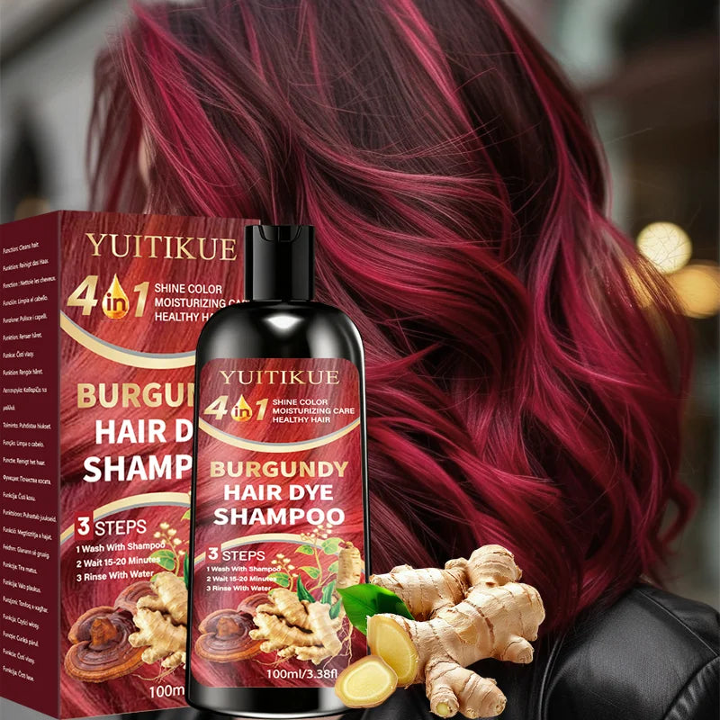 YUITIKUE 4 IN 1 Burgundy Hair Dye Shampoo Natural Ginger Herbal Long Lasting Moisturizing Hair Color Shampoo 100ml Peaceful Pleasures Health and Wellness